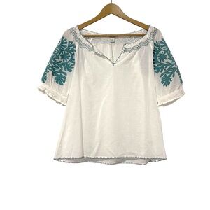 Sundance XS White Blue Embroidered Puff Sleeve Shirt Boho Peasant Cottagecore